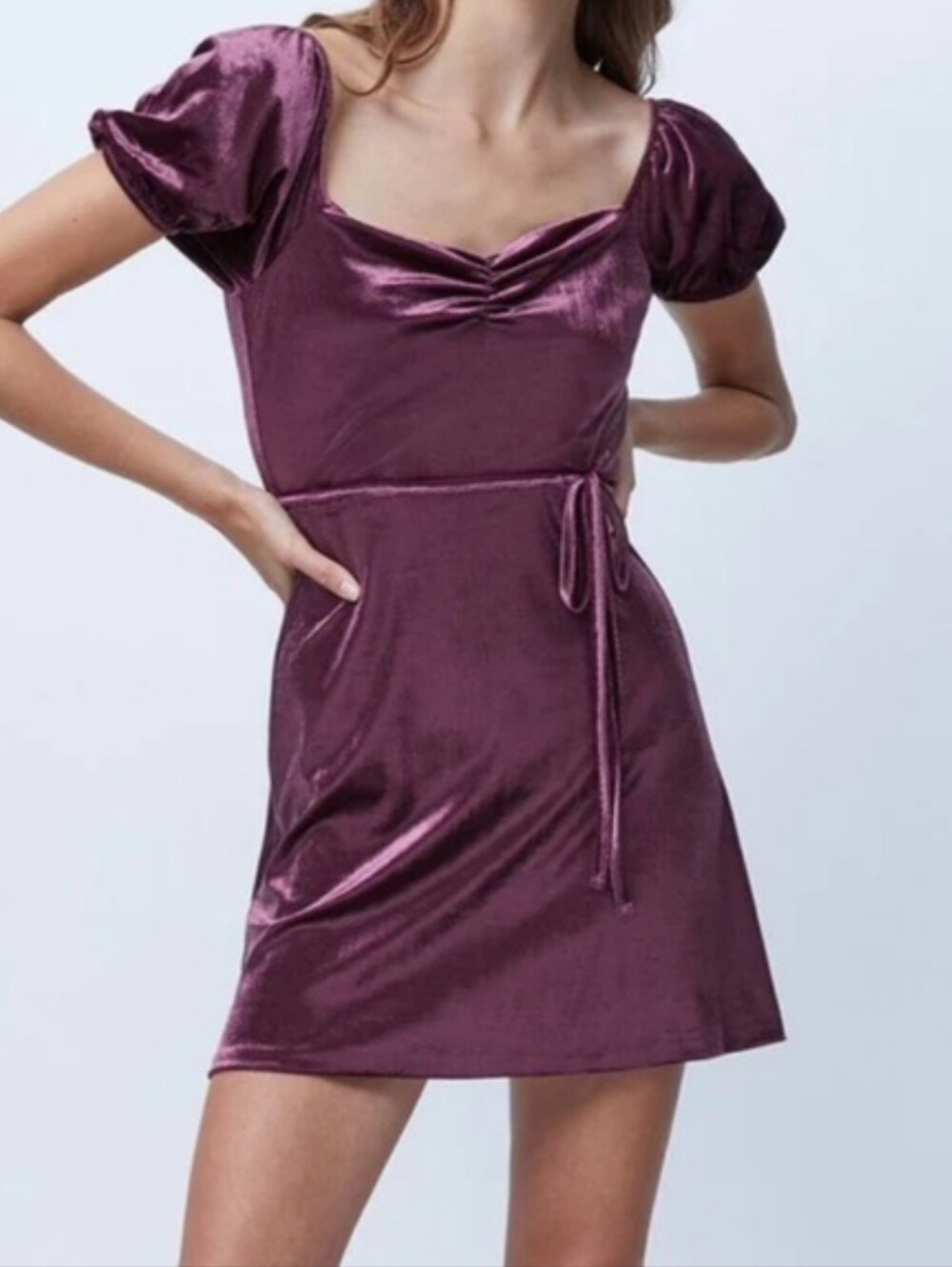 French Connection Plum Velvet Puff Sleeve Mini Dress